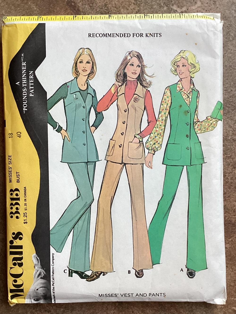 Vintage 1972 McCall's 3313 Sewing Pattern Misses' Vest & Pants, 70s